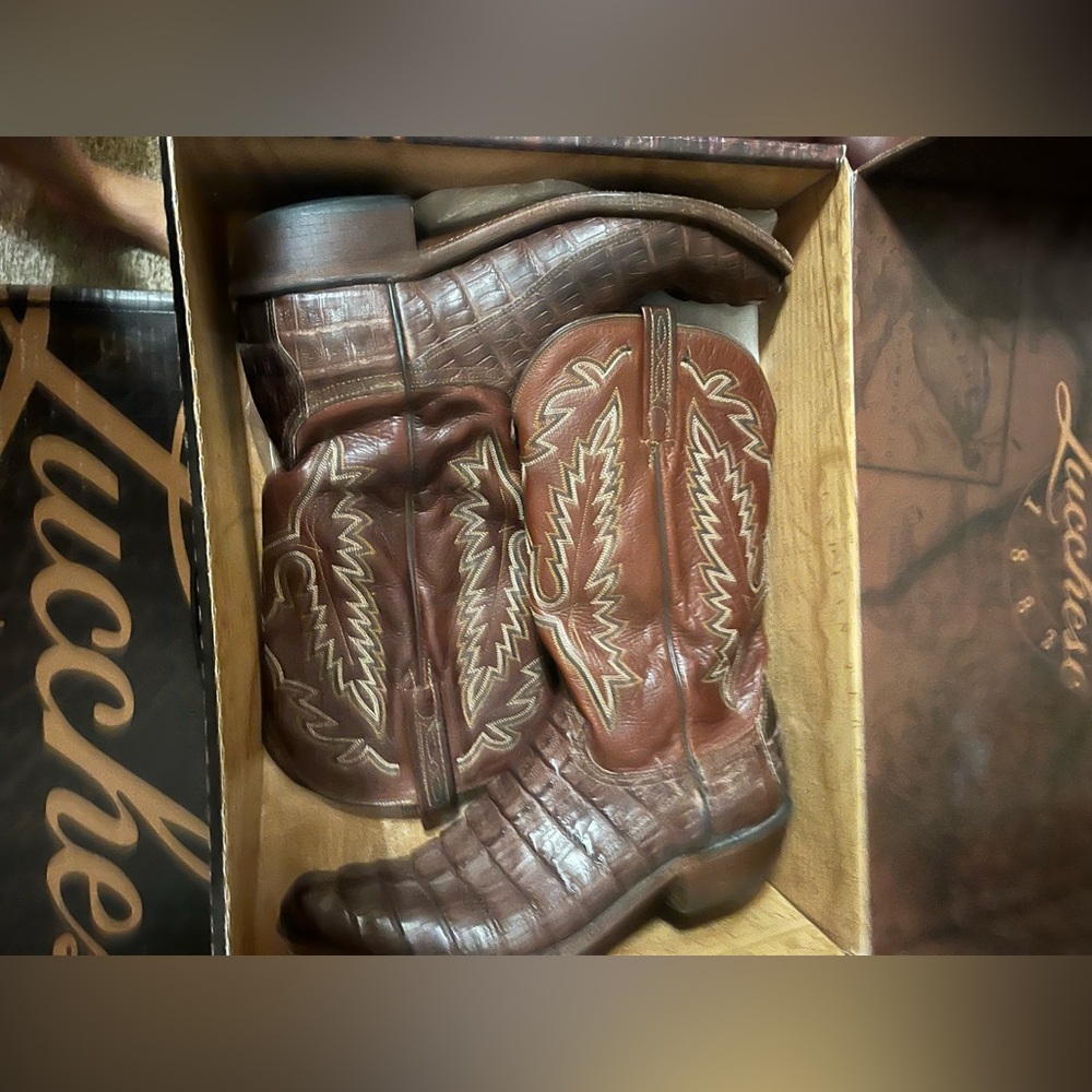 Brown Crocodile snip toe boots, Size 10